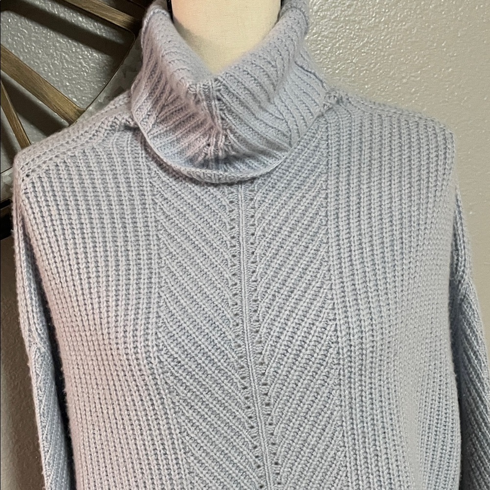 NORDSTROM COLLECTION 100% CASHMERE Women's Light Blue Turtleneck Sweater - Picture 3 of 8